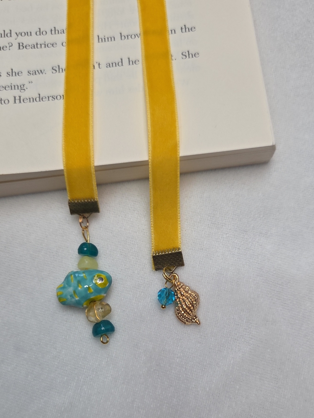 Handmade Yellow Velvet Ribbon Blue Fish Beaded Bookmark Gold Seashell Charm - Picture 4 of 4